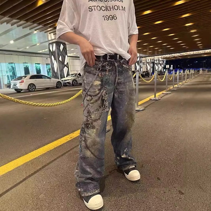 24 صناعة ثقيلة طباعة بصرية ثلاثية الأبعاد علامة تجارية عصرية أسلوب الشارع جينز مستقيم للرجال والنساء - Image 1